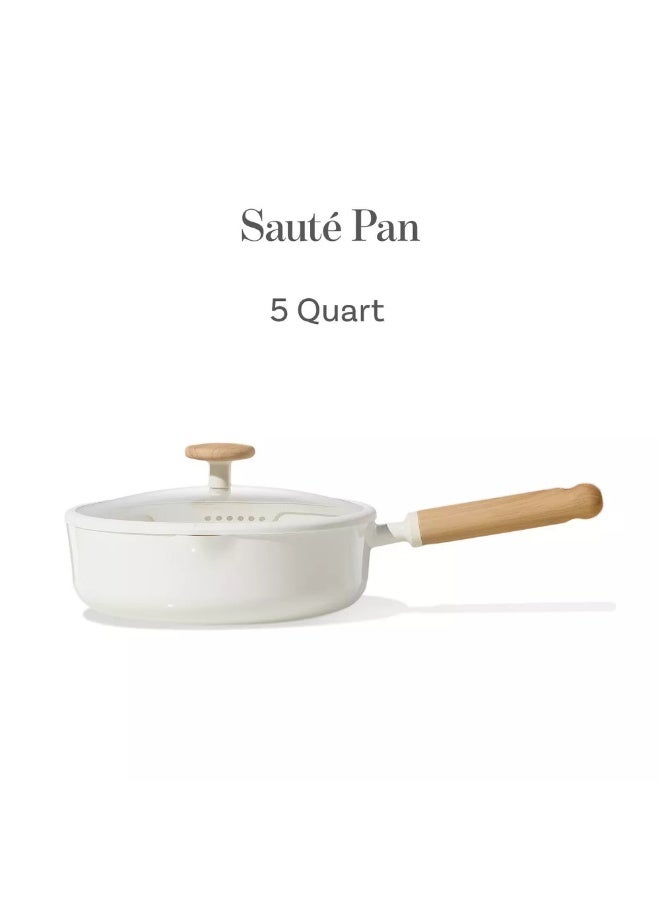 Carote 4.7 Litre Ceramic Nonstick Sauté Pan with Dual-Size Strainer Lid, PFAS-Free Healthy Cooking, Ergonomic Wood-Like Handle, Full-Spray Base, All-Stovetop Compatible, Dishwasher Safe (Cream) - Image 2